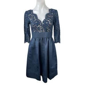 Eliza J Womens Blue Floral Lace Scalloped V-Neck 3/4 Sleeve Mini A-Line Dress 2